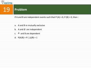 19   Problem

     If A and B are independent events such that P (A) > 0, P (B) > 0, then :


     a. A and B re mutually exclusive
     b. A and B are independent
     c. A and B are dependent
     d. P(A/B) + P ( A /B) = 1
 