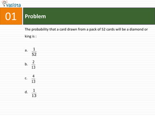 01   Problem

     The probability that a card drawn from a pack of 52 cards will be a diamond or
     king is :


     a.    1
          52

           2
     b.
          13

     c.    4
          13

     d.    1
          13
 