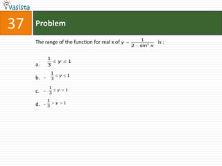 37   Problem
                                                     1
     The range of the function for real x of y                is :
                                                 2   sin3 x


            1
                    y           1
     a.     3
                1
                        y       1
     b. -       3

            1
     c. -           y       1
            3

            1
     d. -           y       1
            3
 