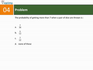 04   Problem

     The probability of getting more than 7 when a pair of dice are thrown is :


           7
     a.   36

           5
     b.   12


     c.    7
          12

     d. none of these
 