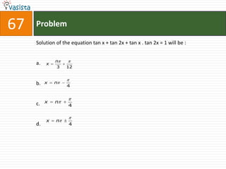 67   Problem

     Solution of the equation tan x + tan 2x + tan x . tan 2x = 1 will be :


              n
     a.   x
              3    12



     b.   x   n
                   4



     c.   x   n
                    4


          x   n
     d.             4
 