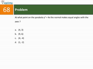 68   Problem

     At what point on the parabola y2 = 4x the normal makes equal angles with the
     axes ?


     a. (4, 3)
     b. (9, 6)
     c. (4, -4)
     d. (1, -2)
 