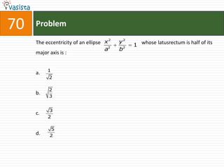 70   Problem
                                      2
     The eccentricity of an ellipse x     y2
                                               1 whose latusrectum is half of its
                                    a2    b2
     major axis is :


          1
     a.
           2

           2
     b.
           3


          3
     c.
          2

           5
     d.    2
 