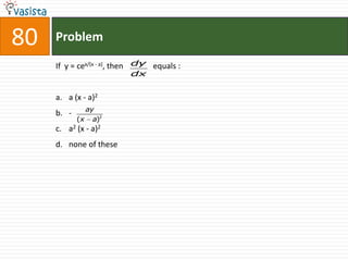 80   Problem

     If y = cex/(x - a), then dy equals :
                          dx


     a. a (x - a)2
              ay
     b. -
            (x a)2
     c. a2 (x - a)2
     d. none of these
 