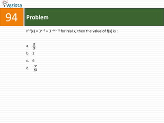94   Problem

     If f(x) = 3x -1 + 3 - (x - 1) for real x, then the value of f(x) is :


          2
     a.
          3
     b. 2
     c. 6
          7
     d.   9
 