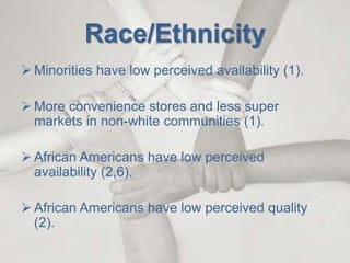 Race/Ethnicity
 Minorities have low perceived availability (1).
 More convenience stores and less super
markets in non-white communities (1).
 African Americans have low perceived
availability (2,6).
 African Americans have low perceived quality
(2).
 