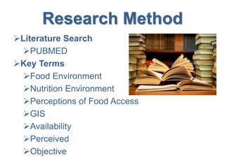 Research Method
Literature Search
PUBMED
Key Terms
Food Environment
Nutrition Environment
Perceptions of Food Access
GIS
Availability
Perceived
Objective
 