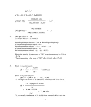 Q(P-V)-F
P=Rs.1,000 ,V=Rs.600, F=Rs.100,000
400(1,000-600)
DOL(Q=400) = = 2.67
400(1,000-600)-100,000
600(1,000-600)
DOL(Q=600) = = 1.71
600(1,000-600)-1,00,000
4. DOL(Q=15000) = 2.5
EBIT(Q=15000) = Rs.3,00,000
Percentage change in EBIT = DOL x Percentage change in Q
If the percentage change in Q is –10%
Percentage change in EBIT = 2.5 x –10% = - 25%
If the percentage change in Q is + 5%
Percentage change in EBIT = 2.5 x 5% = 12.5%
Hence the possible forecast errors of EBIT in percentage terms is –25% to
12.5%
The corresponding value range of EBIT is Rs.225,000 to Rs.337,500
5. Break even point in units
F 50,000
Q = = =10,000 units
P-V 12-7
Break even point in rupees:
Q x P = 10,000 x Rs.12 = Rs,120,000
To earn a pre-tax income of Rs.60,000 the number of units to be sold is
F + Target pre-tax income
Q =
P-V
= 50,000 + 60,000
= 22,000 units
12-7
To earn an after-tax income of Rs.60,000 if the tax rate is 40 per cent, the
127
 