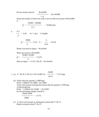 Pre-tax income must be Rs.60,000
= Rs.100,000
1-.4
Hence the number of units to be sold to earn an after-tax income of Rs.60,000
is :
50,000 + 100,000
Q = = 30,000 units
12-7
6. P-V
= 0.30 P-V = Rs.6 F=20,000
P
20000 6
Q = = 3,333 P = = Rs.20
6 0.30
Break even point in rupees = Rs.66,666
When net income is Rs.60,000
20,000 +60,000
Q = = 13,333
6
Sales in rupees = 13,333 x Rs.20 = Rs.266,666
10,000
7. (a) P = Rs.30 ,V=Rs.16, F=Rs.10,000 Q = = 714.3 bags
30-16
(b) Profit when the quantity is 3000 bags
Profit =3,000(30-16)-10000 = Rs.32000
10 per cent increase in production means that the quantity is 3300 bags
At that production
Profit = 3,300(30-16)-10,000 = Rs.36200
So, the percentage change in profit is :
36200-32000
= 13.1%
32000
(c) A 10 per cent increase in selling price means that P= Rs.33
Break-even point when P= Rs.33
128
 