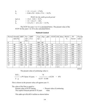 ke = 11 + 1.1 x 6 = 17.6%
ka = 0.44 x 9.8 + 0.56 x 17.6 = 14.2%
WACC for the stable growth period
kd(1-t) = 13 (1 – 0.3) = 9.1%
ke = 11 + 1.0 x 5 = 16%
ka = 1/3 x 9.1 + 2/3 x 16 = 13.7%
The FCFF for years 1 to 11 is calculated below. The present value of the
FCFF for the years 1 to 10 is also calculated below.
Multisoft Limited
Period Growth
rate (%)
EBIT Tax
rate
(%)
EBIT
(1-t)
Cap.
exp.
Dep. ∆WC FCFF D/E Beta WACC
%
PV
Factor
Present
value
0 90 100 60
1 40 126 6 118 140 84 26 36 1:1 1.3 17.6 .850 30.6
2 40 176 12 155 196 118 39 38 1:1 1.3 17.2 .726 27.6
3 40 247 18 203 274 165 50 44 1:1 1.3 16.7 .622 27.4
4 40 346 24 263 384 230 70 39 1:1 1.3 16.3 .535 20.8
5 40 484 30 339 538 323 98 26 1:1 1.3 15.8 .462 12.0
6 34 649 30 454 721 432 132 33 0.8:1 1.1 14.2 .405 13.4
7 28 830 30 581 922 553 169 43 0.8:1 1.1 14.2 .354 15.4
8 22 1013 30 709 1125 675 206 53 0.8:1 1.1 14.2 .310 16.7
9 16 1175 30 822 1305 783 239 61 0.8:1 1.1 14.2 .272 16.9
10 10 1292 30 905 1436 862 263 68 0.8:1 1.1 14.2 .238 16.6
11 10 1421 30 995 1580 948 289 74 0.5:
1.0
1.1 13.7 476
673.4
The present value of continuing value is :
FCF11 74
x PV factor 10 years = x 0.238 = 476
k – g 0.137 – 0.100
This is shown in the present value cell against year 11.
The value of the firm is equal to :
Present value of FCFF during + Present value of continuing
The explicit forecast period of 10 years value
This adds up to Rs.685.4 million as shown below
144
 