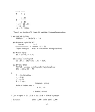 =
B k – g
r - .10
2 =
k - .10
r - .10 = 2k - .20
r = 2k - .10
r/k = 2 - (.10/k)
Thus r/k is a function of k. Unless k is specified r/k cannot be determined.
3. (a) NOPAT for 20X1
PBIT (1 – T) = 24 (0.65) = 15.6
(b) Return on capital for 20X1
NOPAT 15.6
= = 15.6%
Capital employed 120 – 20 (Non-interest bearing liabilities)
(c) Cost of equity
6% + 0.9 (6%) = 1.4%
(d) Average cost of capital
0.5 x 8% (1 - .35) + 0.5 x 11.4% = 8.3%
(e) EVA for 20X1
NOPAT - Average cost of capital x Capital employed
15.6 - .083 x 100 = 7.3
4.
I = Rs.200 million
r = 0.40
c* = 0.20
T = 5 years
200 (0.40 – 0.20) 5
Value of forward plan =
0.20 (1.20)
= Rs.833.3 million
5. Cost of capital = 0.5 x 0.10 + 0.5 x 0.18 = 0.14 or 14 per cent
1. Revenues 2,000 2,000 2,000 2,000 2,000
147
 