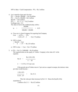 NPV to Beta = Cash Compensation – PVB = Rs.1 million
4. Let A stand for Ajeet and J for Jeet
PVA = Rs.60 x 300,000 = Rs.18 million
PVJ = Rs.25 x 200,000 = Rs.5 million
Benefit = Rs.4 million
PVAJ = 18 + 5 + 4 = Rs.23 million
Exchange ratio = 0.5
The share of Jeet in the combined entity will be :
100,000
α = = 0.25
300,000 + 100,000
a) True cost to Ajeet Company for acquiring Jeet Company
Cost = α PVAB - PVB
= 0.25 x 27 - 5 = Rs.1.75 million
b) NPV to Ajeet
= Benefit - Cost
= 4 - 1.75 = Rs.2.25 million
c) NPV to Jeet = Cost = Rs.1.75 million
5. a) PVB = Rs.12 x 2,000,000 = Rs.24 million
The required return on the equity of Unibex Company is the value of k in the
equation.
Rs.1.20 (1.05)
Rs.12 =
k - .05
k = 0.155 or 15.5 per cent.
If the growth rate of Unibex rises to 7 per cent as a sequel to merger, the intrinsic value
per share would become :
1.20 (1.07)
= Rs.15.11
0.155 - .07
Thus the value per share increases by Rs.3.11 Hence the benefit of the
acquisition is
2 million x Rs.3.11 = Rs.6.22 million
152
 