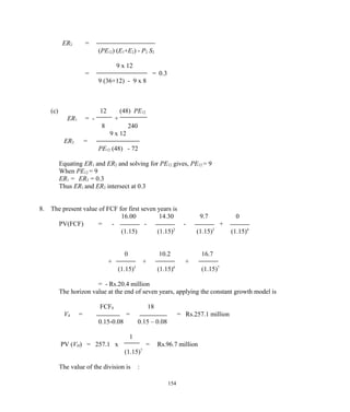 ER2 =
(PE12) (E1+E2) - P2 S2
9 x 12
= = 0.3
9 (36+12) - 9 x 8
(c) 12 (48) PE12
ER1 = - +
8 240
9 x 12
ER2 =
PE12 (48) - 72
Equating ER1 and ER2 and solving for PE12 gives, PE12 = 9
When PE12 = 9
ER1 = ER2 = 0.3
Thus ER1 and ER2 intersect at 0.3
8. The present value of FCF for first seven years is
16.00 14.30 9.7 0
PV(FCF) = - - - +
(1.15) (1.15)2
(1.15)3
(1.15)4
0 10.2 16.7
+ + +
(1.15)5
(1.15)6
(1.15)7
= - Rs.20.4 million
The horizon value at the end of seven years, applying the constant growth model is
FCF8 18
V4 = = = Rs.257.1 million
0.15-0.08 0.15 – 0.08
1
PV (VH) = 257.1 x = Rs.96.7 million
(1.15)7
The value of the division is :
154
 