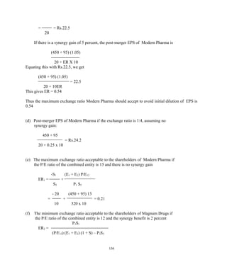 = = Rs.22.5
20
If there is a synergy gain of 5 percent, the post-merger EPS of Modern Pharma is
(450 + 95) (1.05)
20 + ER X 10
Equating this with Rs.22.5, we get
(450 + 95) (1.05)
= 22.5
20 + 10ER
This gives ER = 0.54
Thus the maximum exchange ratio Modern Pharma should accept to avoid initial dilution of EPS is
0.54
(d) Post-merger EPS of Modern Pharma if the exchange ratio is 1:4, assuming no
synergy gain:
450 + 95
= Rs.24.2
20 + 0.25 x 10
(e) The maximum exchange ratio acceptable to the shareholders of Modern Pharma if
the P/E ratio of the combined entity is 13 and there is no synergy gain
-S1 (E1 + E2) P/E12
ER1 = +
S2 P1 S2
- 20 (450 + 95) 13
= + = 0.21
10 320 x 10
(f) The minimum exchange ratio acceptable to the shareholders of Magnum Drugs if
the P/E ratio of the combined entity is 12 and the synergy benefit is 2 percent
P2S1
ER2 =
(P/E12) (E1 + E2) (1 + S) – P2S2
156
 