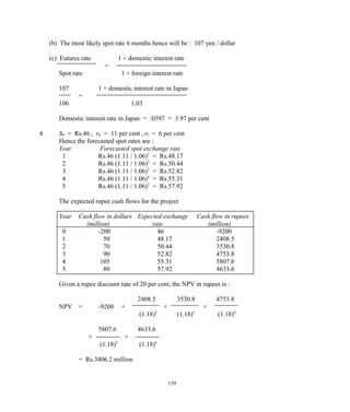 (b) The most likely spot rate 6 months hence will be : 107 yen / dollar
(c) Futures rate 1 + domestic interest rate
=
Spot rate 1 + foreign interest rate
107 1 + domestic interest rate in Japan
=
106 1.03
Domestic interest rate in Japan = .0397 = 3.97 per cent
4. S0 = Rs.46 , rh = 11 per cent , rf = 6 per cent
Hence the forecasted spot rates are :
Year Forecasted spot exchange rate
1 Rs.46 (1.11 / 1.06)1
= Rs.48.17
2 Rs.46 (1.11 / 1.06)2
= Rs.50.44
3 Rs.46 (1.11 / 1.06)3
= Rs.52.82
4 Rs.46 (1.11 / 1.06)4
= Rs.55.31
5 Rs.46 (1.11 / 1.06)5
= Rs.57.92
The expected rupee cash flows for the project
Year Cash flow in dollars Expected exchange Cash flow in rupees
(million) rate (million)
0 -200 46 -9200
1 50 48.17 2408.5
2 70 50.44 3530.8
3 90 52.82 4753.8
4 105 55.31 5807.6
5 80 57.92 4633.6
Given a rupee discount rate of 20 per cent, the NPV in rupees is :
2408.5 3530.8 4753.8
NPV = -9200 + + +
(1.18)2
(1.18)3
(1.18)4
5807.6 4633.6
+ +
(1.18)5
(1.18)6
= Rs.3406.2 million
159
 