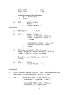 PVIFA (15,10) = 5.019
PVIFA (16,10) = 4.883
Linear interporation in this range yields
r = 15 + 1 x (0.019 / 0.136)
= 15.14%
d) BCR = Benefit Cost Ratio
= PVB / I
= 226,000 / 200,000 = 1.13
Investment B
a) Payback period = 9 years
b) NP V = 40,000 x PVIFA (12,5)
+ 30,000 x PVIFA (12,2) x PVIF (12,5)
+ 20,000 x PVIFA (12,3) x PVIF (12,7)
- 300,000
= (40,000 x 3.605) + (30,000 x 1.690 x 0.567)
+ (20,000 x 2.402 x 0.452) – 300,000
= - 105339
c) IRR (r ) can be obtained by solving the equation
40,000 x PVIFA (r, 5) + 30,000 x PVIFA (r, 2) x PVIF (r,5) +
20,000 x PVIFA (r, 3) x PVIF (r, 7) = 300,000
Through the process of trial and error we find that
r = 1.37%
d) BCR = PVB / I
= 194,661 / 300,000 = 0.65
Investment C
a) Payback period lies between 2 years and 3 years. Linear interpolation in this
range provides an approximate payback period of 2.88 years.
b) NPV = 80.000 x PVIF (12,1) + 60,000 x PVIF (12,2)
+ 80,000 x PVIF (12,3) + 60,000 x PVIF (12,4)
+ 80,000 x PVIF (12,5) + 60,000 x PVIF (12,6)
+ 40,000 x PVIFA (12,4) x PVIF (12.6)
29
 