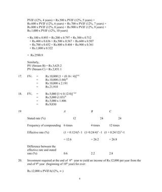 PVIF (12%, 4 years) + Rs.500 x PVIF (12%, 5 years) +
Rs.600 x PVIF (12%, 6 years) + Rs.700 x PVIF (12%, 7 years) +
Rs.800 x PVIF (12%, 8 years) + Rs.900 x PVIF (12%, 9 years) +
Rs.1,000 x PVIF (12%, 10 years)
= Rs.100 x 0.893 + Rs.200 x 0.797 + Rs.300 x 0.712
+ Rs.400 x 0.636 + Rs.500 x 0.567 + Rs.600 x 0.507
+ Rs.700 x 0.452 + Rs.800 x 0.404 + Rs.900 x 0.361
+ Rs.1,000 x 0.322
= Rs.2590.9
Similarly,
PV (Stream B) = Rs.3,625.2
PV (Stream C) = Rs.2,851.1
17. FV5 = Rs.10,000 [1 + (0.16 / 4)]5x4
= Rs.10,000 (1.04)20
= Rs.10,000 x 2.191
= Rs.21,910
18. FV5 = Rs.5,000 [1+( 0.12/4)] 5x4
= Rs.5,000 (1.03)20
= Rs.5,000 x 1.806
= Rs.9,030
19 A B C
Stated rate (%) 12 24 24
Frequency of compounding 6 times 4 times 12 times
Effective rate (%) (1 + 0.12/6)6
- 1 (1+0.24/4)4
–1 (1 + 0.24/12)12
-1
= 12.6 = 26.2 = 26.8
Difference between the
effective rate and stated
rate (%) 0.6 2.2 2.8
20. Investment required at the end of 8th
year to yield an income of Rs.12,000 per year from the
end of 9th
year (beginning of 10th
year) for ever:
Rs.12,000 x PVIFA(12%, ∞ )
4
 