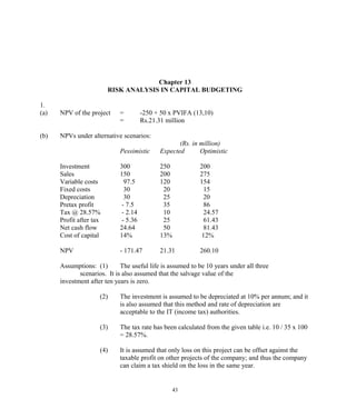 Chapter 13
RISK ANALYSIS IN CAPITAL BUDGETING
1.
(a) NPV of the project = -250 + 50 x PVIFA (13,10)
= Rs.21.31 million
(b) NPVs under alternative scenarios:
(Rs. in million)
Pessimistic Expected Optimistic
Investment 300 250 200
Sales 150 200 275
Variable costs 97.5 120 154
Fixed costs 30 20 15
Depreciation 30 25 20
Pretax profit - 7.5 35 86
Tax @ 28.57% - 2.14 10 24.57
Profit after tax - 5.36 25 61.43
Net cash flow 24.64 50 81.43
Cost of capital 14% 13% 12%
NPV - 171.47 21.31 260.10
Assumptions: (1) The useful life is assumed to be 10 years under all three
scenarios. It is also assumed that the salvage value of the
investment after ten years is zero.
(2) The investment is assumed to be depreciated at 10% per annum; and it
is also assumed that this method and rate of depreciation are
acceptable to the IT (income tax) authorities.
(3) The tax rate has been calculated from the given table i.e. 10 / 35 x 100
= 28.57%.
(4) It is assumed that only loss on this project can be offset against the
taxable profit on other projects of the company; and thus the company
can claim a tax shield on the loss in the same year.
43
 