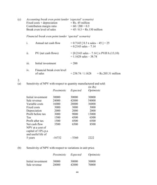 (c) Accounting break even point (under ‘expected’ scenario)
Fixed costs + depreciation = Rs. 45 million
Contribution margin ratio = 60 / 200 = 0.3
Break even level of sales = 45 / 0.3 = Rs.150 million
Financial break even point (under ‘xpected’ scenario)
i. Annual net cash flow = 0.7143 [ 0.3 x sales – 45 ] + 25
= 0.2143 sales – 7.14
ii. PV (net cash flows) = [0.2143 sales – 7.14 ] x PVIFA (13,10)
= 1.1628 sales – 38.74
iii. Initial investment = 200
iv. Financial break even level
of sales = 238.74 / 1.1628 = Rs.205.31 million
2.
(a) Sensitivity of NPV with respect to quantity manufactured and sold:
(in Rs)
Pessimistic Expected Optimistic
Initial investment 30000 30000 30000
Sale revenue 24000 42000 54000
Variable costs 16000 28000 36000
Fixed costs 3000 3000 3000
Depreciation 2000 2000 2000
Profit before tax 3000 9000 13000
Tax 1500 4500 6500
Profit after tax 1500 4500 6500
Net cash flow 3500 6500 8500
NPV at a cost of
capital of 10% p.a
and useful life of
5 years -16732 - 5360 2222
(b) Sensitivity of NPV with respect to variations in unit price.
Pessimistic Expected Optimistic
Initial investment 30000 30000 30000
Sale revenue 28000 42000 70000
44
 