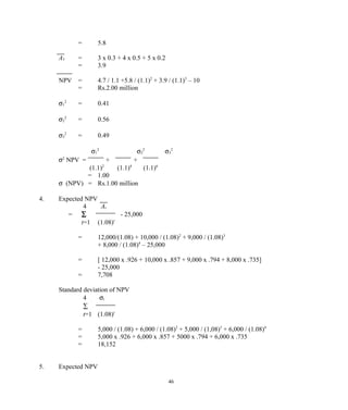 = 5.8
A3 = 3 x 0.3 + 4 x 0.5 + 5 x 0.2
= 3.9
NPV = 4.7 / 1.1 +5.8 / (1.1)2
+ 3.9 / (1.1)3
– 10
= Rs.2.00 million
σ1
2
= 0.41
σ2
2
= 0.56
σ3
2
= 0.49
σ1
2
σ2
2
σ3
2
σ2
NPV = + +
(1.1)2
(1.1)4
(1.1)6
= 1.00
σ (NPV) = Rs.1.00 million
4. Expected NPV
4 At
= ∑ - 25,000
t=1 (1.08)t
= 12,000/(1.08) + 10,000 / (1.08)2
+ 9,000 / (1.08)3
+ 8,000 / (1.08)4
– 25,000
= [ 12,000 x .926 + 10,000 x .857 + 9,000 x .794 + 8,000 x .735]
- 25,000
= 7,708
Standard deviation of NPV
4 σt
∑
t=1 (1.08)t
= 5,000 / (1.08) + 6,000 / (1.08)2
+ 5,000 / (1,08)3
+ 6,000 / (1.08)4
= 5,000 x .926 + 6,000 x .857 + 5000 x .794 + 6,000 x .735
= 18,152
5. Expected NPV
46
 