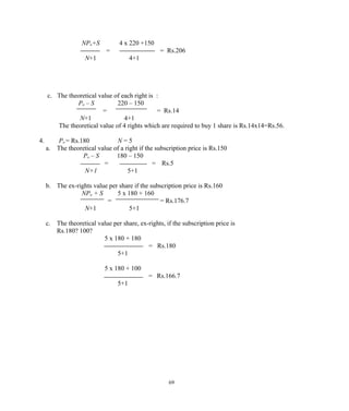 NPo+S 4 x 220 +150
= = Rs.206
N+1 4+1
c. The theoretical value of each right is :
Po – S 220 – 150
= = Rs.14
N+1 4+1
The theoretical value of 4 rights which are required to buy 1 share is Rs.14x14=Rs.56.
4. Po = Rs.180 N = 5
a. The theoretical value of a right if the subscription price is Rs.150
Po – S 180 – 150
= = Rs.5
N+1 5+1
b. The ex-rights value per share if the subscription price is Rs.160
NPo + S 5 x 180 + 160
= = Rs.176.7
N+1 5+1
c. The theoretical value per share, ex-rights, if the subscription price is
Rs.180? 100?
5 x 180 + 180
= Rs.180
5+1
5 x 180 + 100
= Rs.166.7
5+1
69
 