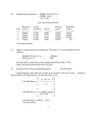 30. Equated annual installment = 500000 / PVIFA(14%,4)
= 500000 / 2.914
= Rs.171,585
Loan Amortisation Schedule
Beginning Annual Principal Remaining
Year amount installment Interest repaid balance
------ ------------- --------------- ----------- ------------- -------------
1 500000 171585 70000 101585 398415
2 398415 171585 55778 115807 282608
3 282608 171585 39565 132020 150588
4 150588 171585 21082 150503 85*
(*) rounding off error
31. Define n as the maturity period of the loan. The value of n can be obtained from the
equation.
200,000 x PVIFA(13%, n) = 1,500,000
PVIFA (13%, n) = 7.500
From the tables or otherwise it can be verified that PVIFA(13,30) = 7.500
Hence the maturity period of the loan is 30 years.
32. Expected value of iron ore mined during year 1 = Rs.300 million
Expected present value of the iron ore that can be mined over the next 15 years assuming a
price escalation of 6% per annum in the price per tonne of iron
1 – (1 + g)n
/ (1 + i)n
= Rs.300 million x ------------------------
i - g
= Rs.300 million x 1 – (1.06)15
/ (1.16)15
0.16 – 0.06
= Rs.300 million x (0.74135 / 0.10)
= Rs.2224 million
8
 