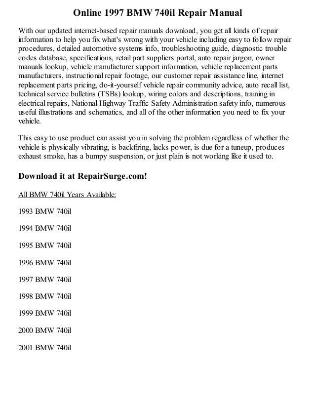 bmw 740il repair manual Bmw 7 series (e38) repair manual (740i, 740il, 750il): 1995-2001.