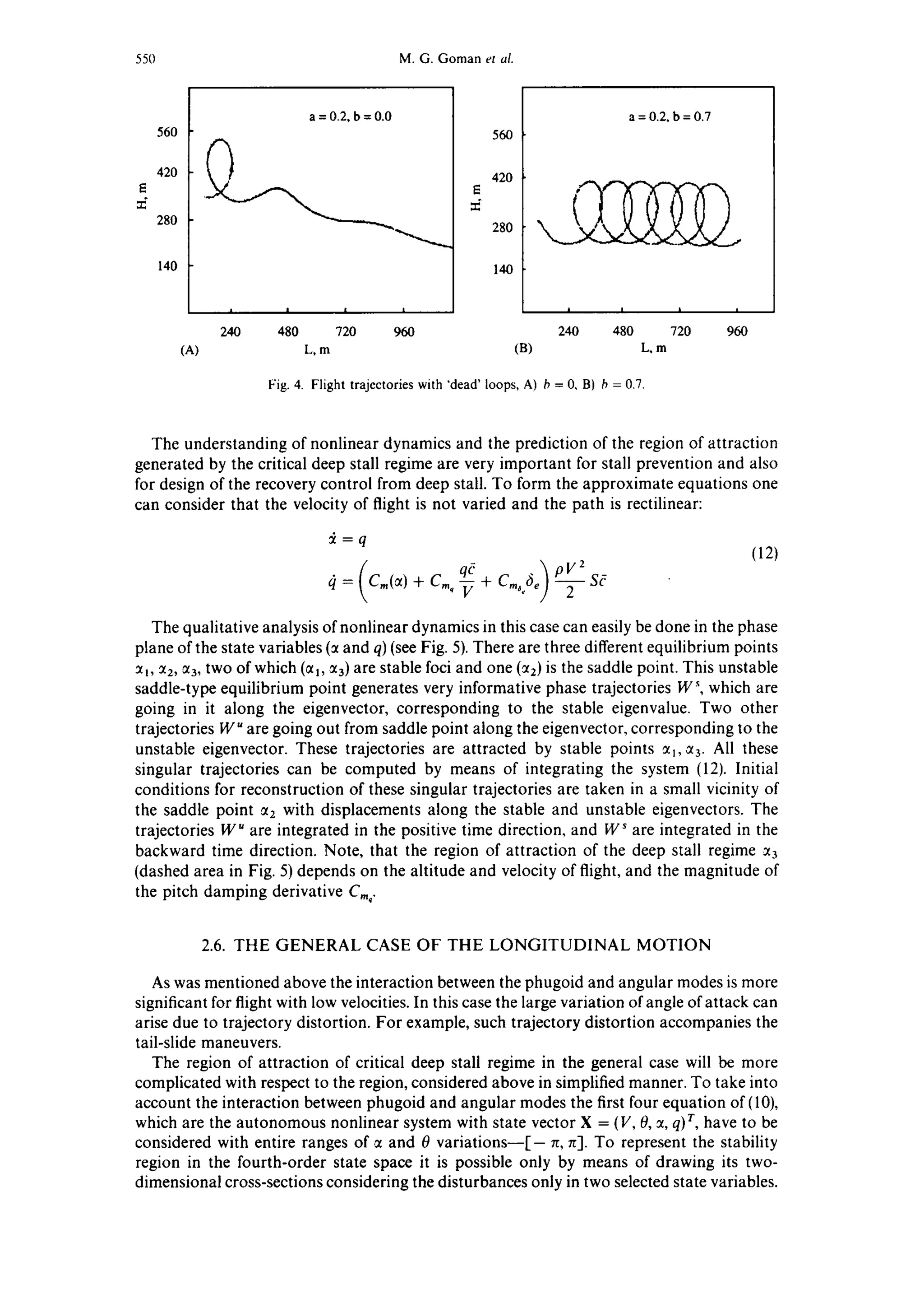 550 M.G. Gomanet al.
560
420
280
140
a = 0.2o b = 0.0
560
420
280
140
i I I i
240 480 720 960
(A) L,m (B)
a=0.2, b=0.7
I I I I
240 480 720 960
L,m
Fig.4. Flighttrajectorieswith'dead' loops,A) b = 0, B) b = 0.7.
The understanding of nonlinear dynamics and the prediction of the region of attraction
generated by the critical deep stall regime are very important for stall prevention and also
for design of the recovery control from deep stall. To form the approximate equations one
can consider that the velocity of flight is not varied and the path is rectilinear:
~=q
( t~1: Cm(~)@ CmqV -[- Cm6e~e T SC
(12)
The qualitative analysis of nonlinear dynamics in this case can easily be done in the phase
plane of the state variables (~ and q) (see Fig. 5). There are three different equilibrium points
:~,, ~2, ~3, two of which (al, ~3) are stable loci and one (~2) is the saddle point. This unstable
saddle-type equilibrium point generates very informative phase trajectories W~, which are
going in it along the eigenvector, corresponding to the stable eigenvalue. Two other
trajectories W uare going out from saddle point along the eigenvector, corresponding to the
unstable eigenvector. These trajectories are attracted by stable points ~1, ~3. All these
singular trajectories can be computed by means of integrating the system (12). Initial
conditions for reconstruction of these singular trajectories are taken in a small vicinity of
the saddle point ~2 with displacements along the stable and unstable eigenvectors. The
trajectories W u are integrated in the positive time direction, and W s are integrated in the
backward time direction. Note, that the region of attraction of the deep stall regime ~3
(dashed area in Fig. 5) depends on the altitude and velocity of flight, and the magnitude of
the pitch damping derivative Cm.
2.6. THE GENERAL CASE OF THE LONGITUDINAL MOTION
As was mentioned above the interaction between the phugoid and angular modes is more
significant for flight with low velocities. In this case the large variation of angle of attack can
arise due to trajectory distortion. For example, such trajectory distortion accompanies the
tail-slide maneuvers.
The region of attraction of critical deep stall regime in the general case will be more
complicated with respect to the region, considered above in simplified manner. To take into
account the interaction between phugoid and angular modes the first four equation of (10),
which are the autonomous nonlinear system with state vector X = (V, 0, ~, q)r, have to be
considered with entire ranges of .~ and 0 variations--I- ~t,n]. To represent the stability
region in the fourth-order state space it is possible only by means of drawing its two-
dimensional cross-sections considering the disturbances only in two selected state variables.
 