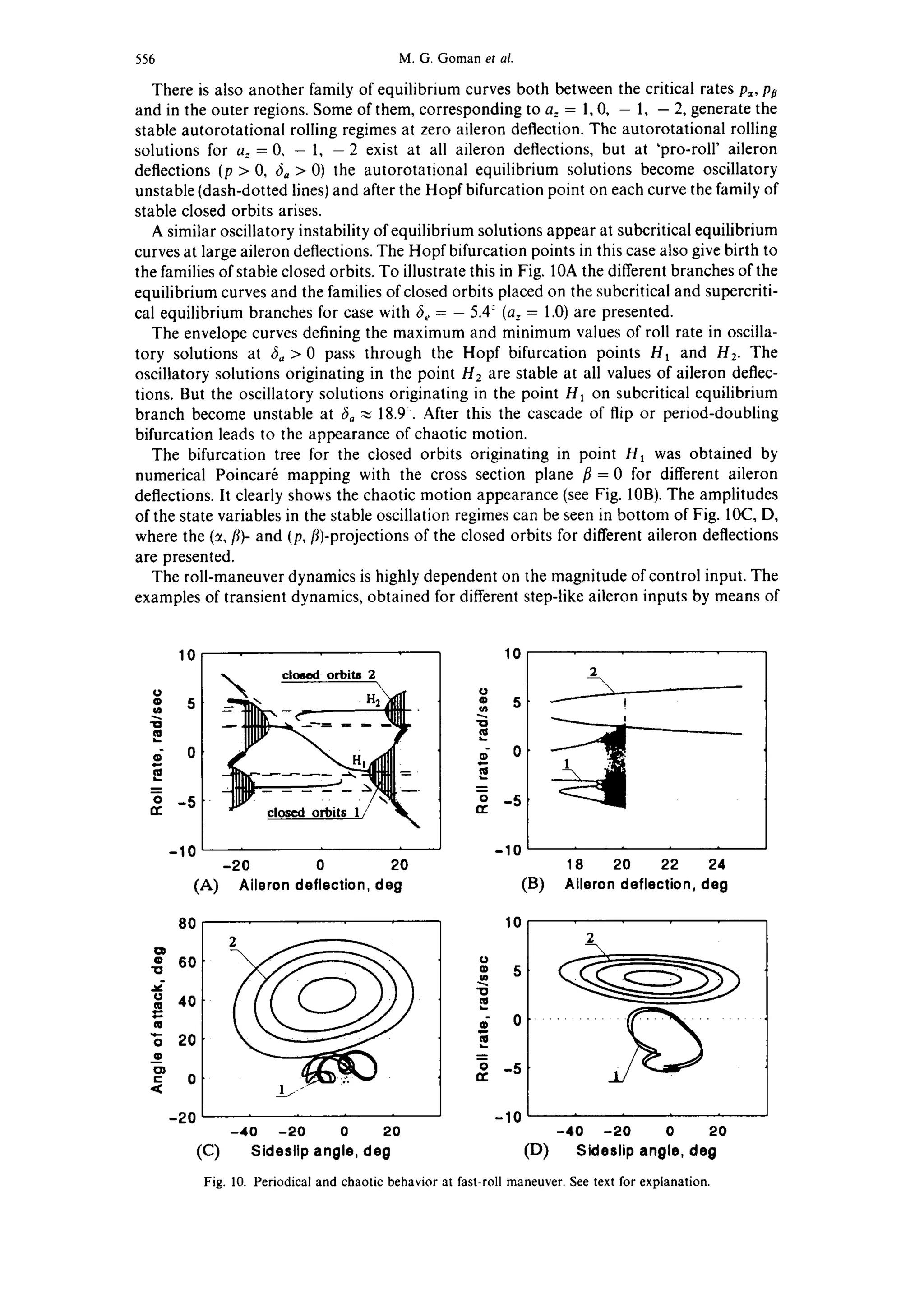 556 M.G. Goman et al.
There is also another family of equilibrium curves both between the critical rates p,, pa
and in the outer regions. Some of them, corresponding to a: = 1, 0, - 1, - 2, generate the
stable autorotational roiling regimes at zero aileron deflection. The autorotational rolling
solutions for a: = 0, - 1, -2 exist at all aileron deflections, but at 'pro-roll' aileron
deflections (p > 0, 6a > 0) the autorotational equilibrium solutions become oscillatory
unstable (dash-dotted lines) and after the Hopf bifurcation point on each curve the family of
stable closed orbits arises.
A similar oscillatory instability of equilibrium solutions appear at subcritical equilibrium
curves at large aileron deflections. The Hopf bifurcation points in this case also give birth to
the families of stable closed orbits. To illustrate this in Fig. 10A the different branches of the
equilibrium curves and the families of closed orbits placed on the subcritical and supercriti-
cal equilibrium branches for case with 6~ = - 5.4: (a: = 1.0) are presented.
The envelope curves defining the maximum and minimum values of roll rate in oscilla-
tory solutions at 6a > 0 pass through the Hopf bifurcation points H1 and Hz. The
oscillatory solutions originating in the point Hz are stable at all values of aileron deflec-
tions. But the oscillatory solutions originating in the point H1 on subcritical equilibrium
branch become unstable at 6= ~ 18.9. After this the cascade of flip or period-doubling
bifurcation leads to the appearance of chaotic motion.
The bifurcation tree for the closed orbits originating in point H~ was obtained by
numerical Poincar6 mapping with the cross section plane fl = 0 for different aileron
deflections. It clearly shows the chaotic motion appearance (see Fig. 10B). The amplitudes
of the state variables in the stable oscillation regimes can be seen in bottom of Fig. 10C, D,
where the (~, [/)- and (p, fl)-projections of the closed orbits for different aileron deflections
are presented.
The roll-maneuver dynamics is highly dependent on the magnitude of control input. The
examples of transient dynamics, obtained for different step-like aileron inputs by means of
10
0
® 5In
d 0
~ -5
-10
~,~ closed orbits
-20 0 20
(A) Aileron deflection, deg
10
2
°
-10
18 20 22 24
(B) Aileron deflection, deg
80
60"o
o 40¢g
¢o
,e,-
o 20
o)
c 0
,<
-20
10
(.1
• 5
'1o
$ o
-10
-40 -20 0 20 -40 -20 0 20
(C) Sideslip angle, deg (D) Sideslip angle, deg
Fig. 10. Periodical and chaotic behavior at fast-roll maneuver. See text for explanation.
 