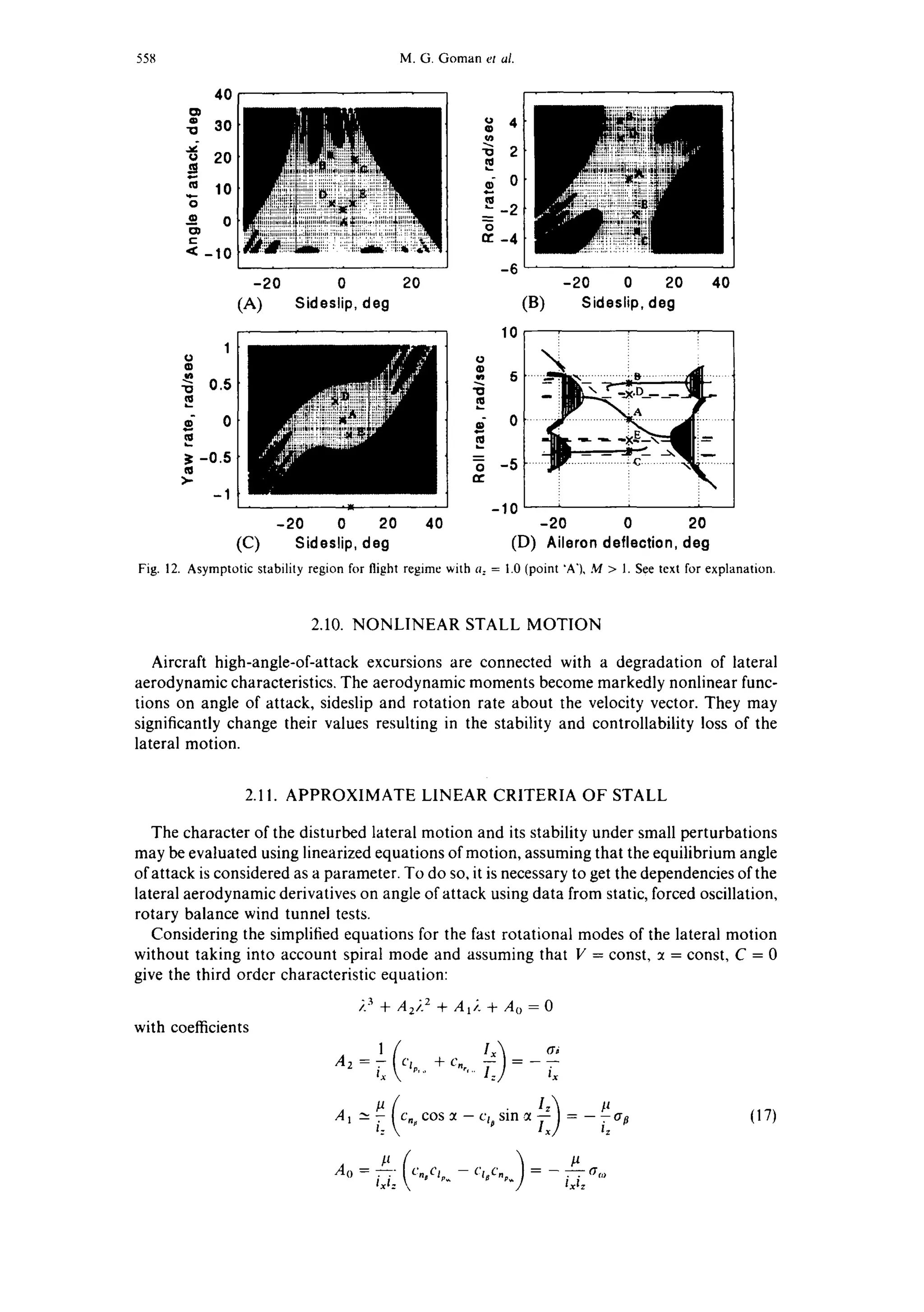 558 M.G. Goman et al.
40
0
-lo 30
u 20
m 10
o
< -10
u 4
"~ 2
0
~-4
-20
(A)
1O
O
0.5
~ -0.5
-1
0
Sideslip, deg
-6
20 -20 0 20 40
(B) Sideslip, deg
10
¢,3
o-5
-10I
-20 0 20 40 -20 0 20
(C) Sideslip, deg (D) Aileron deflection, deg
Fig. 12. Asymptotic stability region for flight regime with a. = 1.0 (point "A'), M > I. See text for explanation.
2.10. NONLINEAR STALL MOTION
Aircraft high-angle-of-attack excursions are connected with a degradation of lateral
aerodynamic characteristics. The aerodynamic moments become markedly nonlinear func-
tions on angle of attack, sideslip and rotation rate about the velocity vector. They may
significantly change their values resulting in the stability and controllability loss of the
lateral motion.
2.11. APPROXIMATE LINEAR CRITERIA OF STALL
The character of the disturbed lateral motion and its stability under small perturbations
may be evaluated using linearized equations of motion, assuming that the equilibrium angle
of attack is considered as a parameter. To do so, it is necessary to get the dependencies of the
lateral aerodynamic derivatives on angle of attack using data from static, forced oscillation,
rotary balance wind tunnel tests.
Considering the simplified equations for the fast rotational modes of the lateral motion
without taking into account spiral mode and assuming that V = const, ~ = const, C = 0
give the third order characteristic equation:
with coefficients
~.3 + A2}2 + At;'. + At) = 0
A2~
A1 ~_
A 0 =
-- Clp ' ,, + Cn =
tx ", .. i x
-i, c,,cos~-%sin~Iz =-_a~l~
Iz
--" (.:noClp~ -- Cl ('np ~ = -- ¢'7r~ ~
txtz ixiz
(17)
 