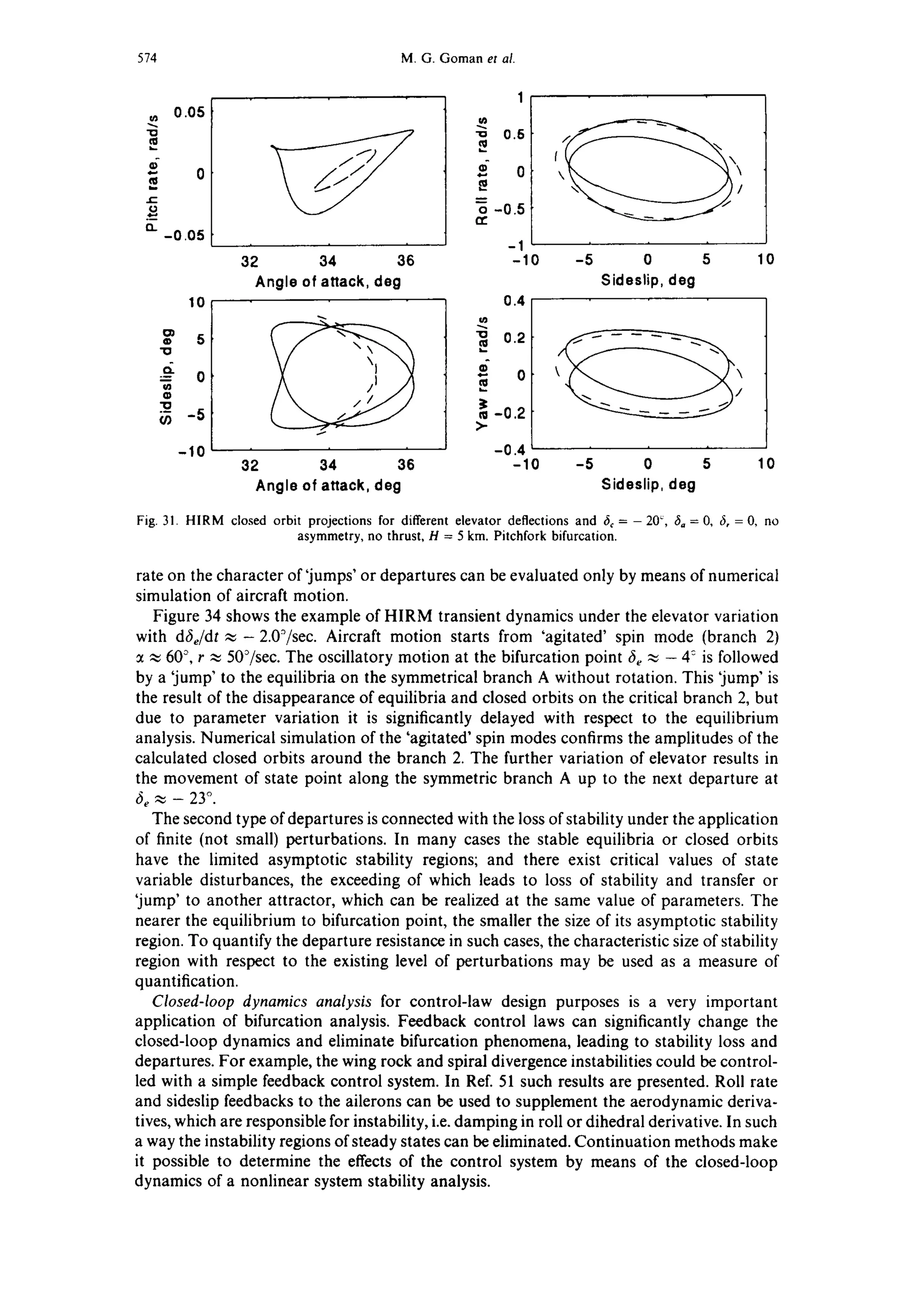 574 M.G. Goman et al.
u~
"0
¢-
12.
0.05
-0.05
O
"10
Q.
(/3
.'g_
(/)
10
5
0
-5
-10
1
-o 0.6
o -0.5CC
-1
32 34 36 0 -5 0 5 10
Angle of attack, deg Sideslip, deg
0.4
¢o
0.2
0
-0.2
>-
-0.4
-1032 34 36 -5 0 5
Angle of attack, deg Sideslip, deg
10
Fig. 31. H1RM closed orbit projectionsfor differentelevator deflectionsand 6, = - 20~, 6, = 0, 6, = 0, no
asymmetry,no thrust, H = 5 km. Pitchforkbifurcation.
rate on the character of 'jumps' or departures can be evaluated only by means of numerical
simulation of aircraft motion.
Figure 34 shows the example of HIRM transient dynamics under the elevator variation
with dfJdt ,~- 2.0~/sec. Aircraft motion starts from 'agitated' spin mode (branch 2)
:~~ 60°, r ~ 50°/sec. The oscillatory motion at the bifurcation point fie ~ - 4: is followed
by a 'jump' to the equilibria on the symmetrical branch A without rotation. This 'jump' is
the result of the disappearance of equilibria and closed orbits on the critical branch 2, but
due to parameter variation it is significantly delayed with respect to the equilibrium
analysis. Numerical simulation of the 'agitated' spin modes confirms the amplitudes of the
calculated closed orbits around the branch 2. The further variation of elevator results in
the movement of state point along the symmetric branch A up to the next departure at
6e ,~ - 23°.
The second type of departures is connected with the loss of stability under the application
of finite (not small) perturbations. In many cases the stable equilibria or closed orbits
have the limited asymptotic stability regions; and there exist critical values of state
variable disturbances, the exceeding of which leads to loss of stability and transfer or
'jump' to another attractor, which can be realized at the same value of parameters. The
nearer the equilibrium to bifurcation point, the smaller the size of its asymptotic stability
region. To quantify the departure resistance in such cases, the characteristic size of stability
region with respect to the existing level of perturbations may be used as a measure of
quantification.
Closed-loop dynamics analysis for control-law design purposes is a very important
application of bifurcation analysis. Feedback control laws can significantly change the
closed-loop dynamics and eliminate bifurcation phenomena, leading to stability loss and
departures. For example, the wing rock and spiral divergence instabilities could be control-
led with a simple feedback control system. In Ref. 51 such results are presented. Roll rate
and sideslip feedbacks to the ailerons can be used to supplement the aerodynamic deriva-
tives, which are responsible for instability, i.e. damping in roll or dihedral derivative. In such
a way the instability regions of steady states can be eliminated. Continuation methods make
it possible to determine the effects of the control system by means of the closed-loop
dynamics of a nonlinear system stability analysis.
 