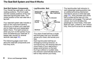 The Seat Belt System and How It Works
Seat Belt System Components
Your Honda has seat belts in all five
seating positions....