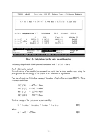 Figure 8: Calculations for the water gas shift reaction

The energy requirement of the process is therefore 98.8 kJ or 0.0274 kWh.

5.1.3 Alternative method
The calculation of the equilibrium composition could also be done another way, using the
principle that the free energy of the system is at a minimum at equilibrium.

First we calculate the Gibbs free energy of formation of each of the species at 1200°C. These
values are as follows.

        DG o (CO)
           f            = -437 611 J/mol
        DG o (H2O)
           f            = -563 553 J/mol
        DG o (H2)
           f            = -227 024 J/mol
        DG o (CO2)
           f            = -761 994 J/mol

The free energy of the system can be expressed by:

        G = nCO mCO + nH2O mH2O + nH2 mH2 + nCO2 mCO2                            [20]

where
        mi = DG o + RT ln ai
                fi                                                               [21]




                                              16
 