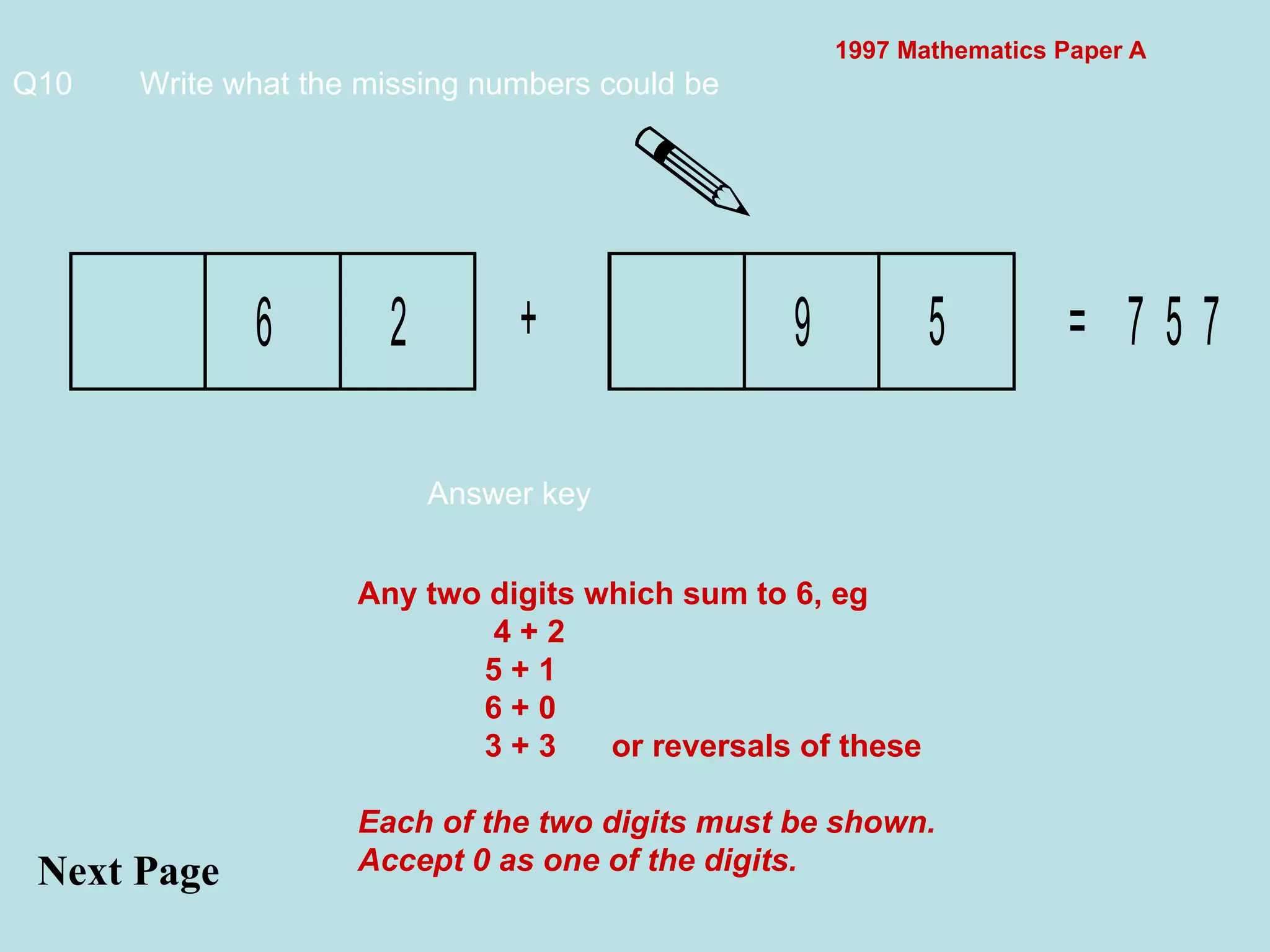 1997 Mathematics Paper A Q10  Write what the missing numbers could be  Next Page  Answer key Any two digits which sum to 6, eg  4 + 2 5 + 1 6 + 0 3 + 3 or reversals of these Each of the two digits must be shown. Accept 0 as one of the digits. 