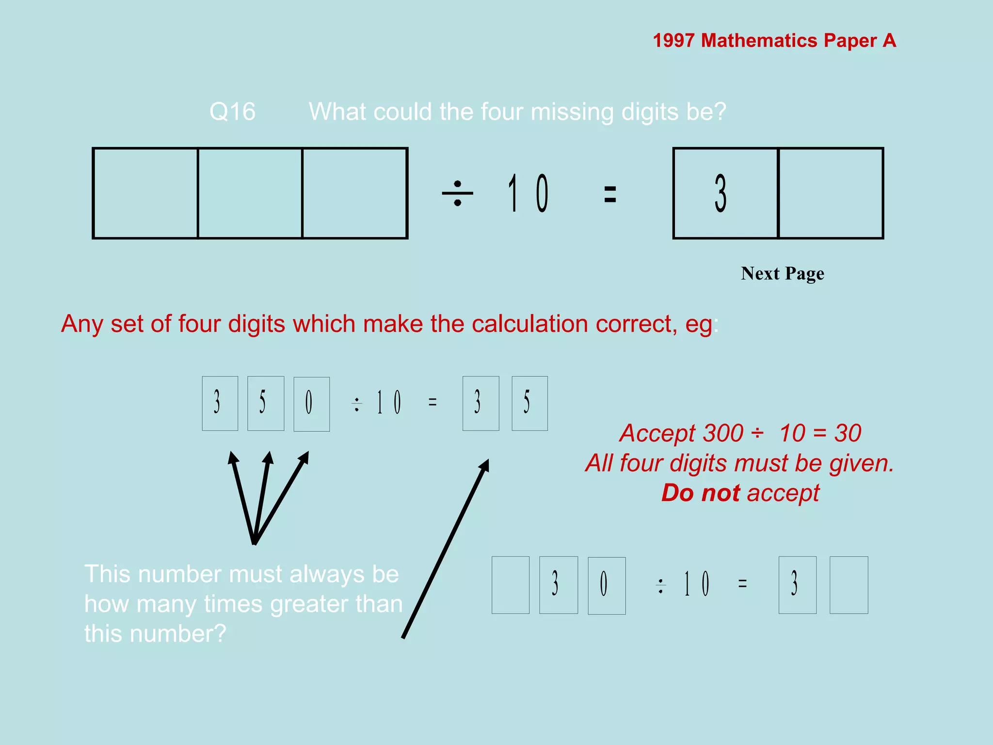 1997 Mathematics Paper A Q16 What could the four missing digits be?   Next Page  Any set of four digits which make the calculation correct, eg :  Accept 300 ÷  10 = 30 All four digits must be given. Do not  accept This number must always be how many times greater than this number? 