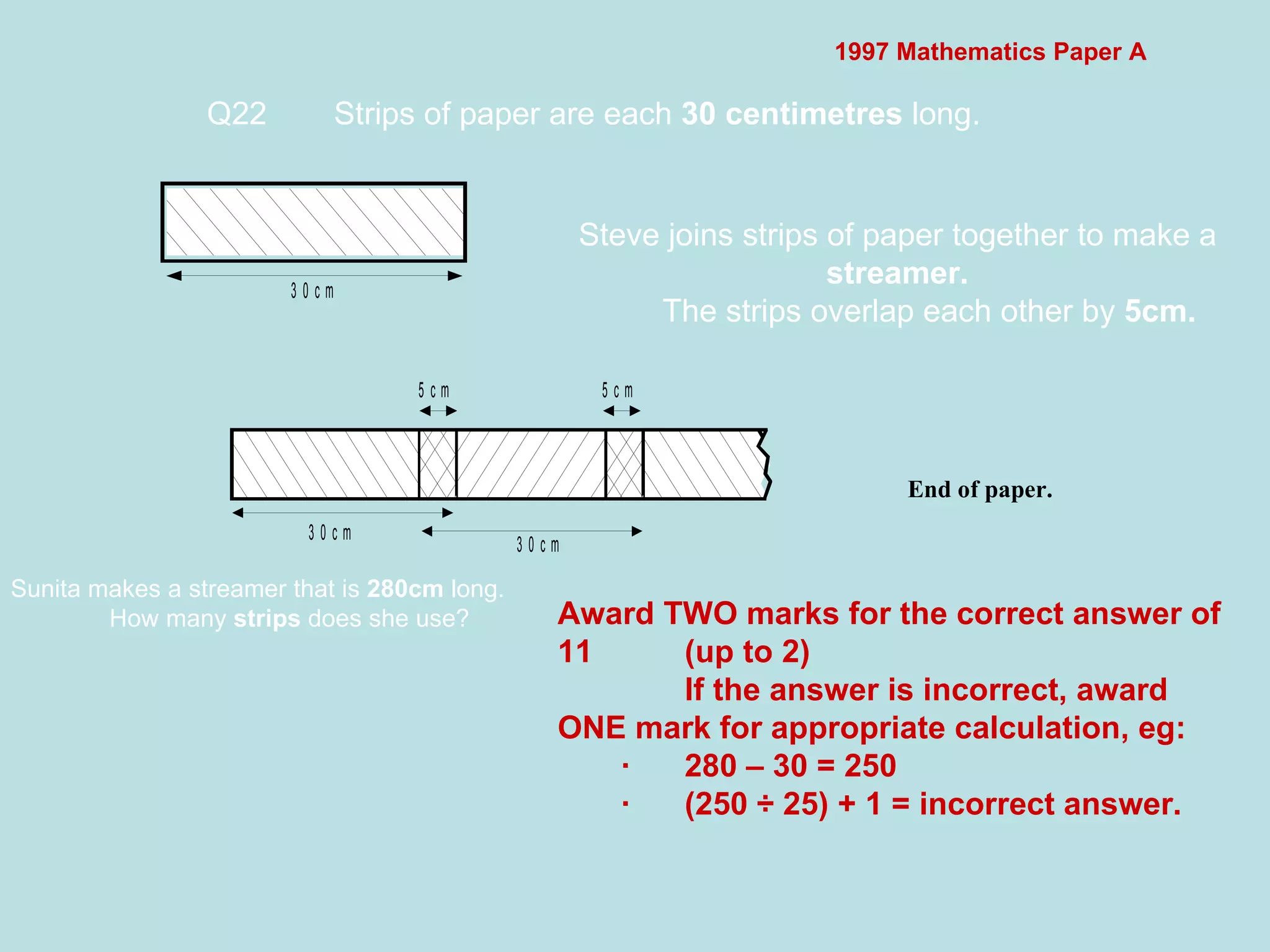 1997 Mathematics Paper A Q22 Strips of paper are each  30 centimetres  long.  End of paper.  Steve joins strips of paper together to make a  streamer. The strips overlap each other by  5cm. Sunita makes a streamer that is  280cm  long. How many  strips  does she use? Award TWO marks for the correct answer of 11 (up to 2) If the answer is incorrect, award ONE mark for appropriate calculation, eg: · 280 – 30 = 250 · (250 ÷ 25) + 1 = incorrect answer. 