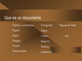 Que es un documento
    Tableta cuneiforme   Fotografia   Página de Web
    Papiro               Mapa
    Papel           ...