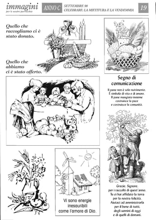• • •
zmmagznzper le nostre parrocchie
Quello che
raccogliamo ci è
stato donato.
Quello che
abbiamo
ci è stato offerto..
SETTEMBRE 98
ANNO C CELEBRARE: LA MIETITURA E LA VENDEMMIA
 /'
©~
/
Vi sono energie
inesauribili
come l'amore di Dio.
Segno di
conlunicazione
Il pane non è solo nutrimento.
Èsimbolo di vita e di amore.
Il pane mangiato insieme
costruisce la pace
e costruisce la comunità.
Grazie. Signore.
per i raccolti di quest'anno.
Tu ci hai affidato la terra
per la nostra felicità.
Aiutaci ad amministrarla
per il bene di tutti.
degli uomini di oggi
e di quelli di domani.
 