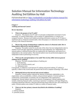 Solution Manual for Information Technology Auditing 3rd Edition by Hall | PDF