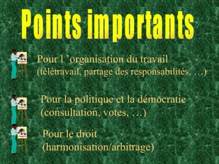 Pour l ’organisation du travail  (télétravail, partage des responsabilités, …) Points importants Pour le droit (harmonisation/arbitrage) Pour la politique et la démocratie (consultation, votes, …) 