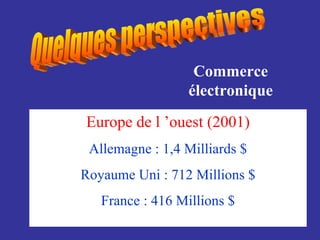 Commerce électronique Europe de l ’ouest (2001) Allemagne : 1,4 Milliards $ Royaume Uni : 712 Millions $ France : 416 Millions $ Quelques perspectives 