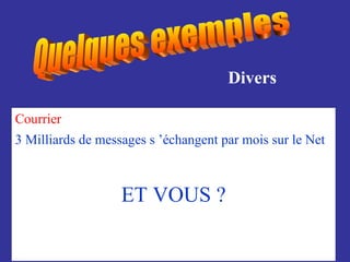 Quelques exemples Divers Courrier 3 Milliards de messages s ’échangent par mois sur le Net ET VOUS ? 