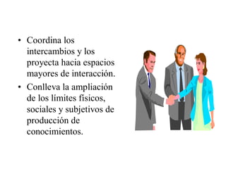 • Coordina los
  intercambios y los
  proyecta hacia espacios
  mayores de interacción.
• Conlleva la ampliación
  de los límites físicos,
  sociales y subjetivos de
  producción de
  conocimientos.
 