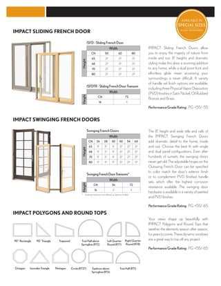 IMPACT POLYGONS AND ROUND TOPS
IMPACT SWINGING FRENCH DOORS
IMPACT SLIDING FRENCH DOOR
SwingingFrenchDoors
Width
Height
CN 26 28 30 50 54 60
65 1P 1P 1P 2P 2P 2P
68 1P 1P 1P 2P 2P 2P
70 1P 1P 1P 2P 2P 2P
80 1P 1P 1P 2P 2P 2P
ISFD-SlidingFrenchDoor
Width
Height
CN 50 60 80
65 2P 2P 2P
68 2P 2P 2P
70 2P 2P 2P
80 2P 2P 2P
SwingingFrenchDoorTransoms*
Width
Height
CN 36 72
16 X X
*	 Inswing transoms not offered as factory mulled.
ISFDTR-SlidingFrenchDoorTransom
Width
Height
CN 72
16 X
PerformanceGradeRating: PG +55/-55
PerformanceGradeRating: PG +55/-65
PerformanceGradeRating: PG +55/-65
Your views shape up beautifully with
IMPACT Polygons and Round Tops that
weather the elements season after season,
foryearstocome.Thesedynamicwindows
are a great way to top off any project.
Octagon Circle(RT27)
90˚Rectangle TrueHalfabove
Springline(RT2)
IsoscelesTriangle Eyebrowabove
Springline(RT6)
90˚Triangle LeftQuarter
Round(RT7)
Pentagon TrueHalf(RT1)
Trapezoid RightQuarter
Round(RT8)
The 8' height and wide stile and rails of
the IMPACT Swinging French Doors
add dramatic detail to the home, inside
and out. Choose the best fit with single
and dual panel configurations. Even after
hundreds of sunsets, the swinging doors
never get old. The adjustable hinges on the
Outswing French Door can be specified
to color match the door’s exterior finish
or to complement PVD finished handle
sets which offer the highest corrosion
resistance available. The swinging door
hardware is available in a variety of painted
and PVD finishes.
IMPACT Sliding French Doors allow
you to enjoy the majesty of nature from
inside and out. 8' heights and dramatic
styling make this door a stunning addition
to any home, while a dual point lock and
effortless glide mean accessing your
surroundings is never difficult. A variety
of handle set finish options are available,
including three Physical Vapor Deposition
(PVD) finishes in Satin Nickel, Oil Rubbed
Bronze and Brass.
 
