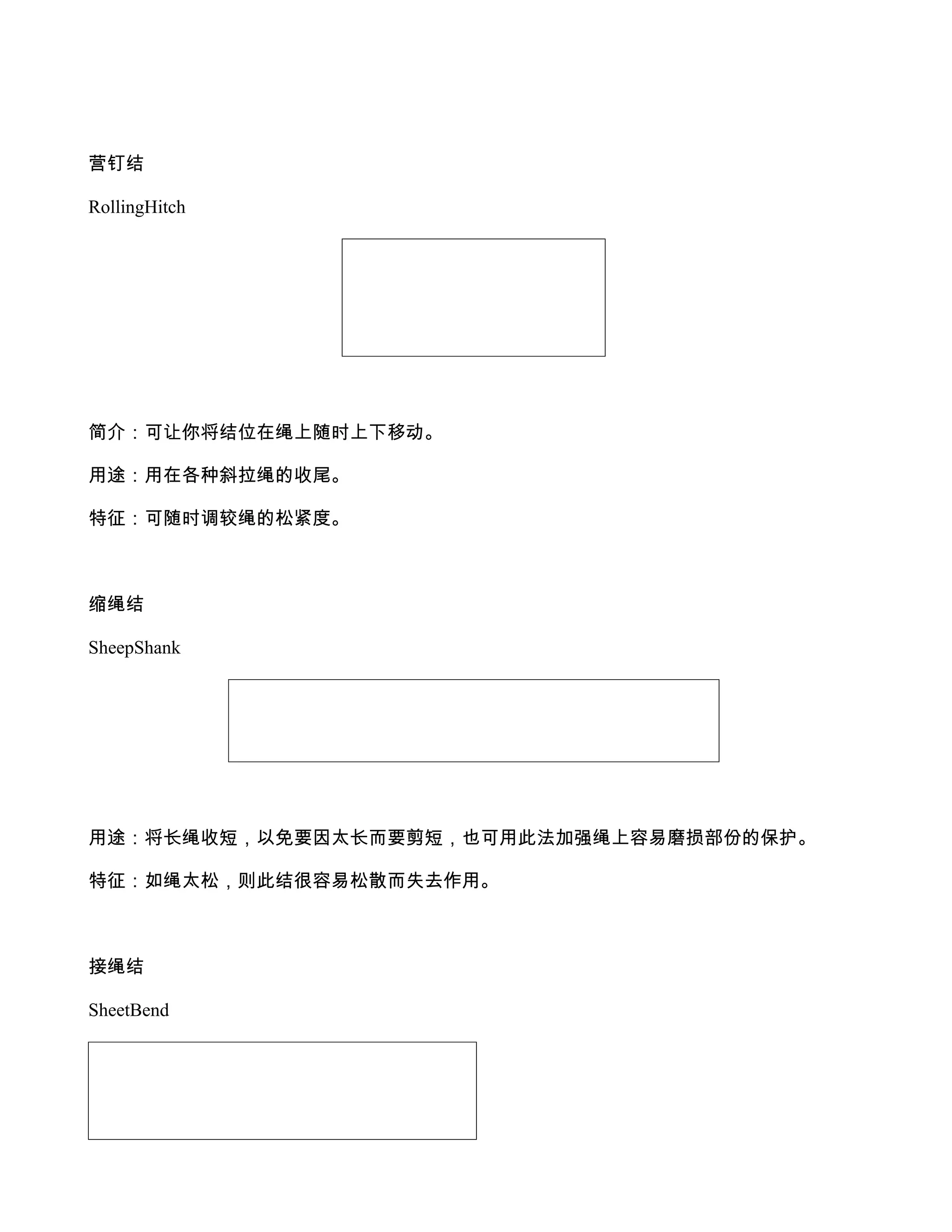 营钉结

RollingHitch




简介：可让你将结位在绳上随时上下移动。

用途：用在各种斜拉绳的收尾。

特征：可随时调较绳的松紧度。



缩绳结

SheepShank




用途：将长绳收短，以免要因太长而要剪短，也可用此法加强绳上容易磨损部份的保护。

特征：如绳太松，则此结很容易松散而失去作用。



接绳结

SheetBend
 