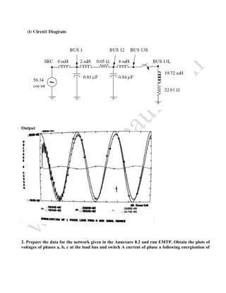 Output
2. Prepare the data for the network given in the Annexure 8.2 and run EMTP. Obtain the plots of
voltages of phases a, b, c at the load bus and switch A current of phase a following energisation of
 