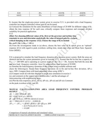 0.01 4% -0.0196 -0.0256
0.015 3% -0.0155 -0.0215
2. Assume that the single-area power system given in exercise 9.5.1 is provided with a load frequency
controller (an integral controller) whose gain KI can be tuned.
(a) Carryout the simulation for the same disturbance of load change of 20 MW for different values of KI,
obtain the time response ∆f for each case, critically compare these responses and comment on their
suitability for practical application.
9-13
(Hint: For choosing different values of KI, first set the governor and turbine time
constants to zero and determine analytically the value of integral gain KI,cr to have
critical damping on the response ∆f (t). Choose the range of KI to include
KI,cr as 0 ≤ KI ≤ ( KI,cr + 1.0 ) )
(b) From the investigations made in (a) above, choose the best value of KI which gives an “optimal”
response ∆f (t) with regard to peak overshoot, settling time, steady-state error and Mean Sum- Squared-
Error (MSSE).
3 It is proposed to simulate the load frequency dynamics of a two-area power system. Both the areas are
identical and has the system parameters given in exercise 9.5.1. Assume that the tie-line has a capacity of
Pmax 1-2 = 200 MW and is operating at a power angle of ( δ01- δ20 ) = 300. Assume that both the areas do
not have load –frequency controller. Area 2 is subjected to a load increase of 20 MW.
(a) Simulate the load-frequency dynamics of this system using available software and
check the following:(i). Steady-State frequency deviation ∆fs in Hz and tie-line flow deviation, ∆P12,S
inp.u. MW. Compare them with hand-calculated values using AFRC’s
(ii) Compare result ∆fs with that obtained in single area simulation in exercise 1
(a), and comment on the support received from area 1 and the advantages of
interconnecting with neighbouring areas .
(iii) Plot the time responses, ∆f1(t), ∆f2 (t), ∆PT1(t) , ∆PT2(t) and ∆P12(t). Comment
on the peak overshoot of ∆f1, and ∆f2.
MANUAL CALCULATION:TWO AREA LOAD FREQUENCY CONTROL PROGRAM
OUTPUT
Δfs = -(M1+M2)/( β1+β2)
M1 =0;M2=0.01 p.u .MW/Hz
β1 =β2=0.51 p.u .MW/Hz (identical areas)
Δfs = - (0.01)/(0.51+0.51)= - 0.0098 Hz
ΔP1-2s = - ΔP1-2s = ( β1M2- β2M1)/ ( β1+β2) p.u .MW
= (0.51*0.01)/(0.51+0.51)
= 10 MW.
Comparison of manual calculation and simulated values.
MANUALY CALCULATED VALUES SIMULATED VALUES
 
