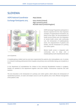 HOPE - European Hospital and Healthcare Federation
Hospitals 2020 September 2015
24
 
SLOVENIA 
 
HOPE National Coordinator  Maja Zdolsek  
Exchange Participants 2015  Kaisu Anttila (Finland) 
  Aiga Lasmane (Latvia) 
  Michelle Veitch (United Kingdom) 
 
HOPE Exchange Programme participants in
Slovenia reported that the most important
examples of organisational innovations are
linked to five topics: the decentralisation of
health services (home care), the integration
of mental health service with community
care, the introduction of multidisciplinary
teams, the empowerment of patients and
families, and the introduction of a primary
care online system.
Mental health service is integrated with
community care in Idrija and a
multidisciplinary team of professionals takes
care of patients.
A multidisciplinary mobile team has also been implemented for patients who need palliative care. It consists
in a network involving professionals (from hospitals and primary care) and families taking care of patients at
home.
In the department of (re)habilitation for children of the University Rehabilitation Institute in Ljubljana,
families are admitted to the department together with their children. Professionals cooperate also with
teachers.
The last innovation is the introduction of a primary care online system, which allows the introduction of
standardised practices, an easier and simpler access to care for patients and a more effective management
of the patients’ data.
 