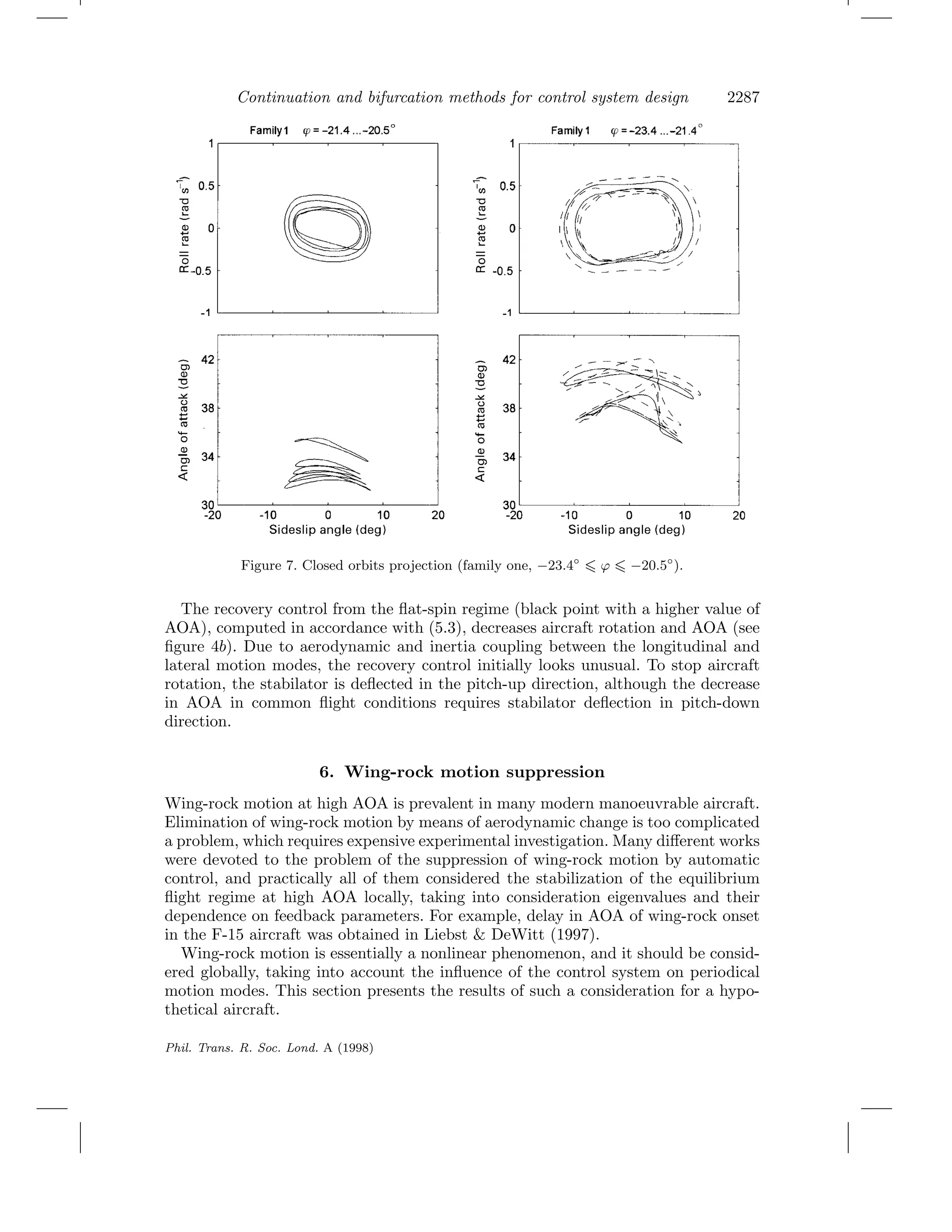 Continuation and bifurcation methods for control system design 2287
Figure 7. Closed orbits projection (family one, −23.4◦
ϕ −20.5◦
).
The recovery control from the ﬂat-spin regime (black point with a higher value of
AOA), computed in accordance with (5.3), decreases aircraft rotation and AOA (see
ﬁgure 4b). Due to aerodynamic and inertia coupling between the longitudinal and
lateral motion modes, the recovery control initially looks unusual. To stop aircraft
rotation, the stabilator is deﬂected in the pitch-up direction, although the decrease
in AOA in common ﬂight conditions requires stabilator deﬂection in pitch-down
direction.
6. Wing-rock motion suppression
Wing-rock motion at high AOA is prevalent in many modern manoeuvrable aircraft.
Elimination of wing-rock motion by means of aerodynamic change is too complicated
a problem, which requires expensive experimental investigation. Many diﬀerent works
were devoted to the problem of the suppression of wing-rock motion by automatic
control, and practically all of them considered the stabilization of the equilibrium
ﬂight regime at high AOA locally, taking into consideration eigenvalues and their
dependence on feedback parameters. For example, delay in AOA of wing-rock onset
in the F-15 aircraft was obtained in Liebst & DeWitt (1997).
Wing-rock motion is essentially a nonlinear phenomenon, and it should be consid-
ered globally, taking into account the inﬂuence of the control system on periodical
motion modes. This section presents the results of such a consideration for a hypo-
thetical aircraft.
Phil. Trans. R. Soc. Lond. A (1998)
 