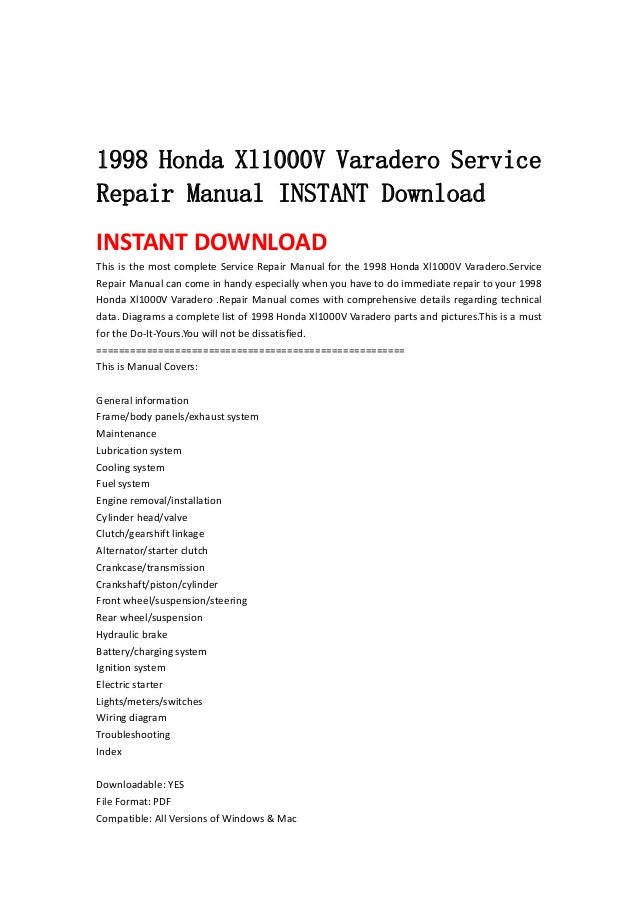 1998 Honda Xl1000 V Varadero Service Repair Manual Instant Download